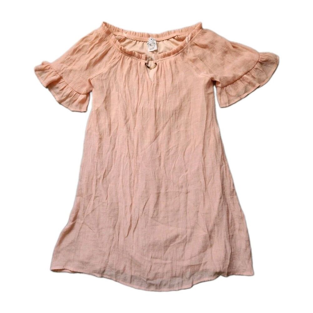 Naif Peach Shift Dress Off Shoulder Short Bell Sleeve Lined Rayon Blend Sz S EUC